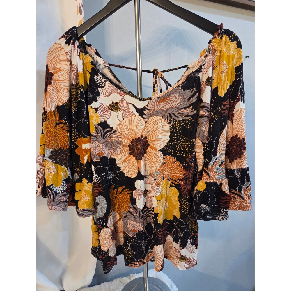 Vintage Bobeau Floral Ruffle Bell Sleeve Tie Back Blouse Black Orange Mustard XS